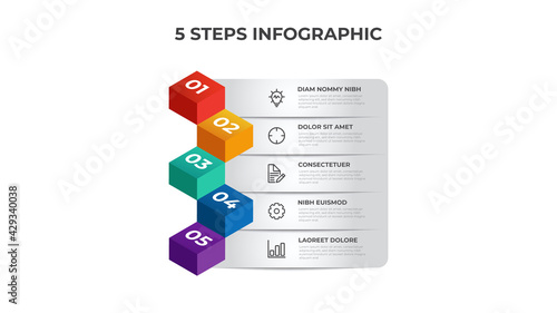 5 list of steps diagram, row layout with isometric number sequence, infographic element template vector photo