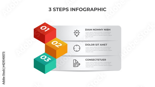 3 list of steps diagram, row layout with isometric number sequence, infographic element template vector