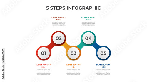5 points of steps, connected circle diagram with number of sequence, infographic element template vector