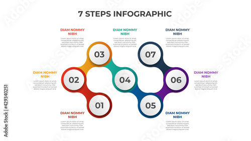 7 points of steps, connected circle list diagram with number of sequence, infographic element template vector