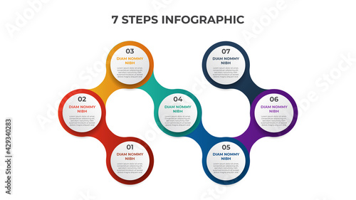 7 points of steps, connected circle list diagram with number of sequence, infographic element template vector