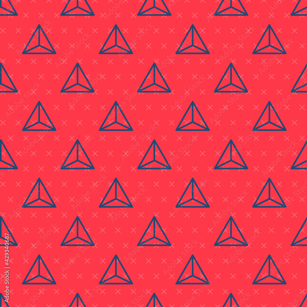 Blue line Geometric figure Tetrahedron icon isolated seamless pattern on red background. Abstract shape. Geometric ornament. Vector Blue line Geometric figure Tetrahedron icon isolated seamless pattern on red background. Abstract shape. Geometric ornament. Vector