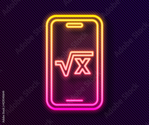 Glowing neon line Square root of x glyph icon isolated on black background. Mathematical expression. Vector