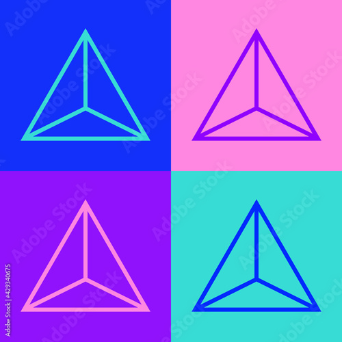 Pop art line Geometric figure Tetrahedron icon isolated on color background. Abstract shape. Geometric ornament. Vector