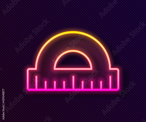Glowing neon line Protractor grid for measuring degrees icon isolated on black background. Tilt angle meter. Measuring tool. Geometric symbol. Vector