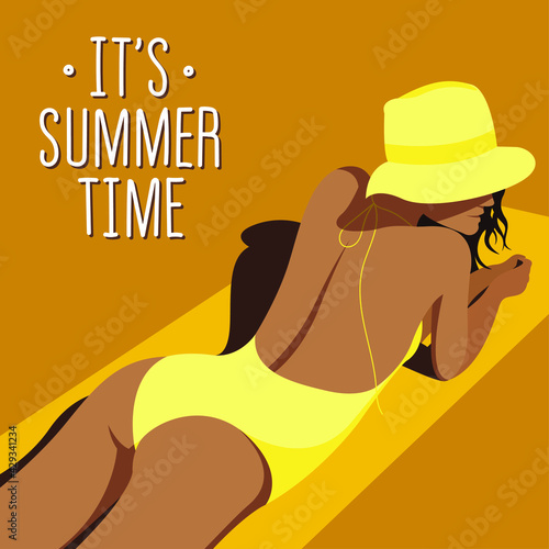 vector illustration on the theme of summer holidays. beautiful young tanned girl in a yellow swimsuit and hat sunbathes on the beach. the text "it's summer time". can be used to advertise leisure.