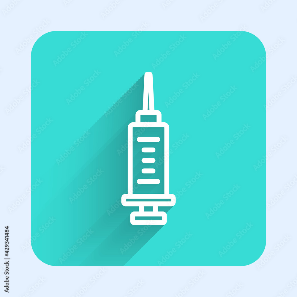 White line Syringe icon isolated with long shadow. Syringe for vaccine, vaccination, injection, flu shot. Medical equipment. Green square button. Vector White line Syringe icon isolated with long shadow. Syringe for vaccine, vaccination, injection, flu shot. Medical equipment. Green square button. Vector