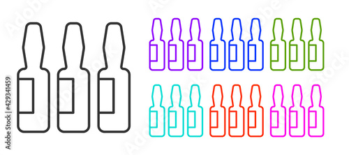 Black line Medical vial, ampoule, bottle icon isolated on white background. Vaccination, injection, vaccine healthcare concept. Set icons colorful. Vector