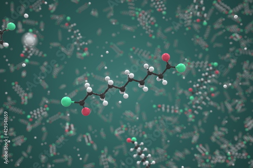 Sebacoyl chloride molecule made with balls, conceptual molecular model. Chemical 3d rendering
