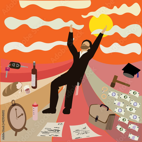 Drawing of a Hasidic Jew observant Orthodox lifting arms and looking skyward.
Vector drawing.
Against a colorful background of heaven and the worries of the world: money, children, courts, food 