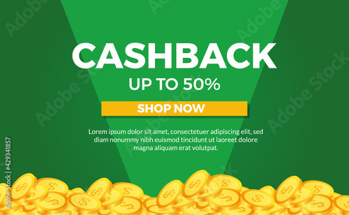 golden pile money concept illustration for cashback promotion ecommerce poster banner template with green background