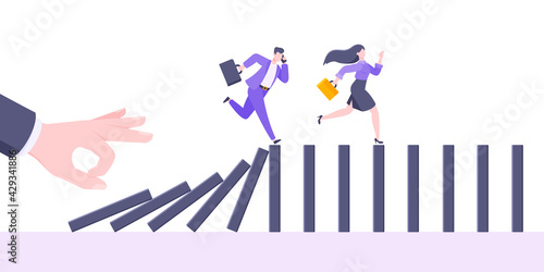 Domino effect or business cowardice metaphor vector illustration concept. Adult young business people run away from hand falling domino line business concept problem solving and danger chain reaction.
