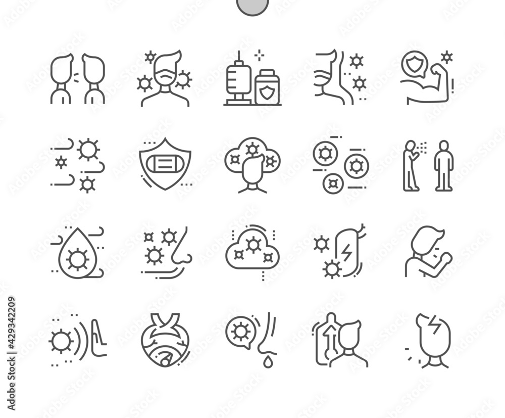 Airborne infection. Vaccinated. Protective mask. Infection in lung. Health care, medical and medicine. Pixel Perfect Vector Thin Line Icons. Simple Minimal Pictogram