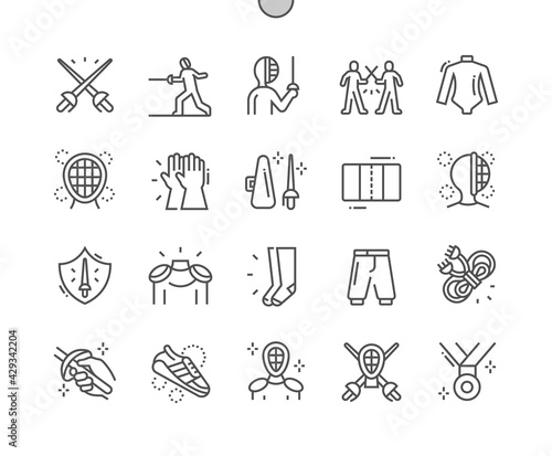 Fencing. Fencing protective clothing. Swordsman, fencer with epee. Competition, defeat, training and tournament. Pixel Perfect Vector Thin Line Icons. Simple Minimal Pictogram