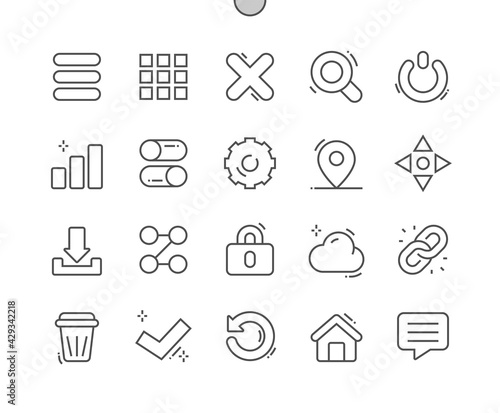 Mobile navigation. Communication, mobile interface, user display and layout. Homepage, notification, close, download and other button. Pixel Perfect Vector Thin Line Icons. Simple Minimal Pictogram