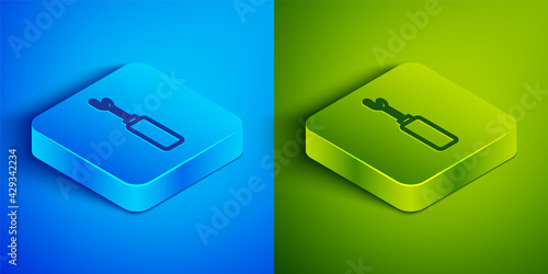 Isometric line Awl tool with wooden handle icon isolated on blue and green background. Work equipment tailor industry. Square button. Vector