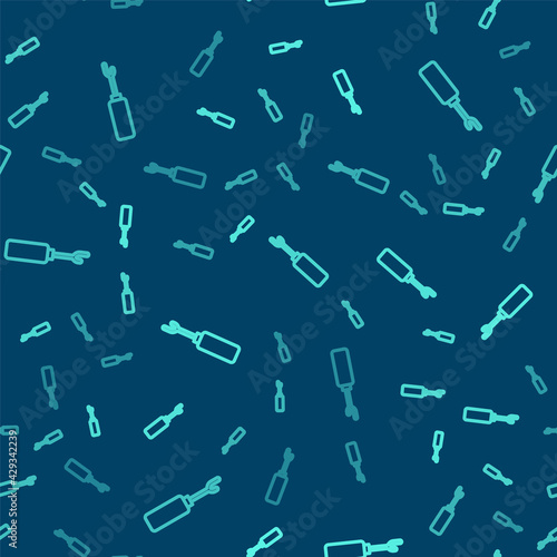 Green line Awl tool with wooden handle icon isolated seamless pattern on blue background. Work equipment tailor industry. Vector
