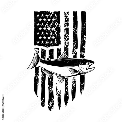 American flag with salmon fish illustration. Design element for poster, card, banner, t shirt. Vector illustration