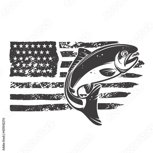American flag with trout fish illustration. Design element for poster, card, banner, t shirt. Vector illustration