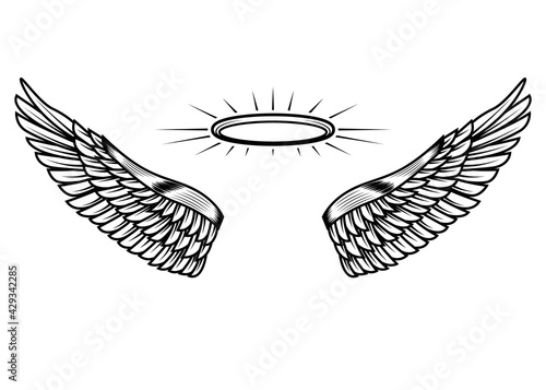 Angels wings with nimbus. Design element for poster, card, banner, t shirt. Vector illustration