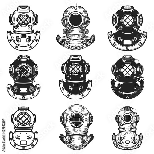 Set of illustrations of diver helmets in monochrome style. Retro diver helmet. Design element for poster, card, banner, sign, logo, emblem. Vector illustration photo
