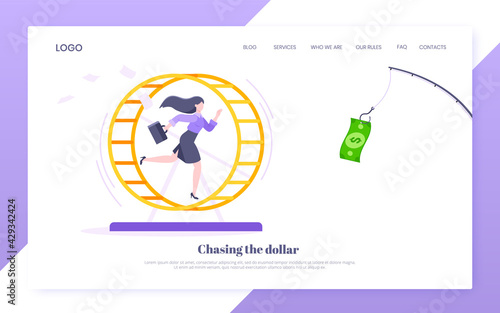 Rat race business concept with businesswoman running after rod dangling dollar in the hamster wheel working hard, always busy flat style design vector illustration. Tired workaholic loop routine.