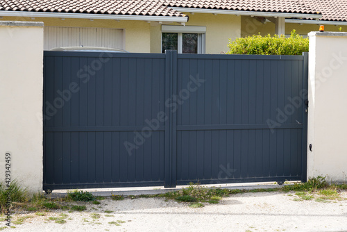 Aluminum modern dark home double grey gate portal of suburb door house
