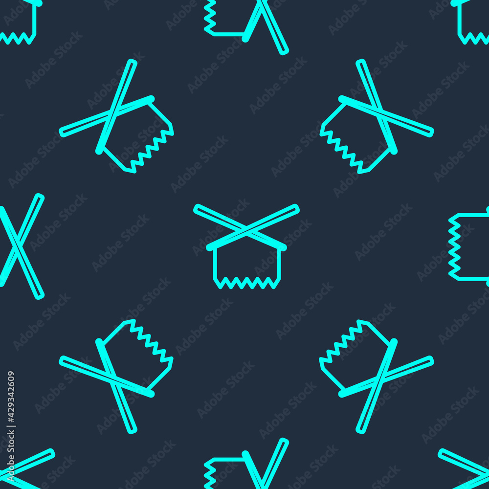 Fototapeta premium Green line Knitting needles icon isolated seamless pattern on blue background. Label for hand made, knitting or tailor shop. Vector