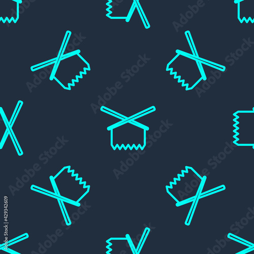 Green line Knitting needles icon isolated seamless pattern on blue background. Label for hand made, knitting or tailor shop. Vector