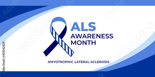 Als awareness month. Vector banner for social media, card, poster. Illustration with text Als awareness month, amyotrophic lateral sclerosis. Blue striped ribbon on a white background. photo