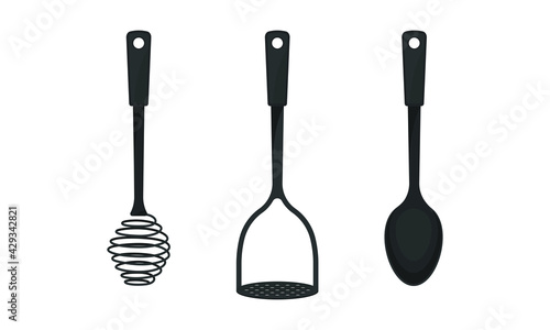Black Kitchen Utensil with Spoon and Whisk Vector Set