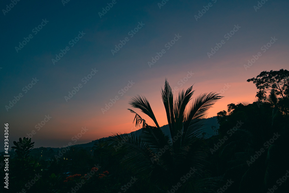 Colorful sunset sky over silhouettes of a trees and mountain on a tropical island. View from balcony.
