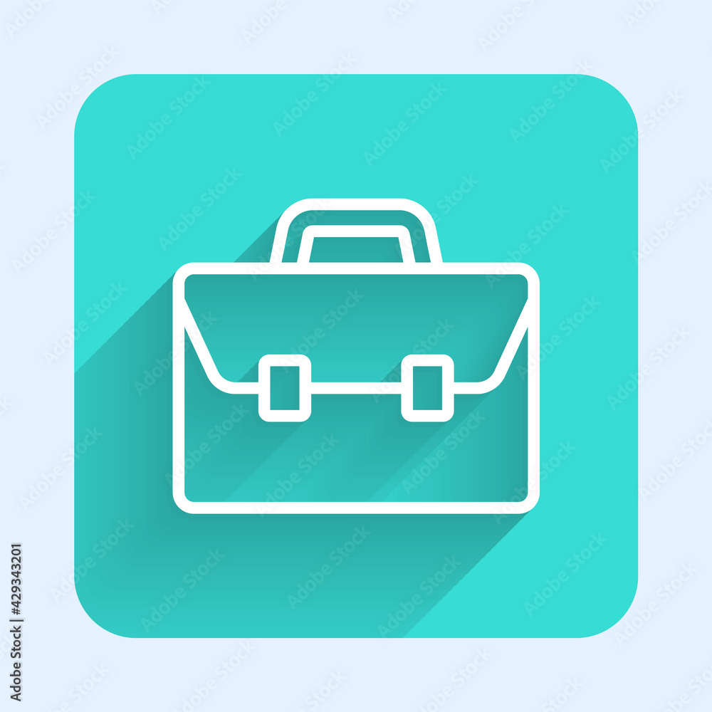 White line Briefcase icon isolated with long shadow. Business case sign. Business portfolio. Green square button. Vector White line Briefcase icon isolated with long shadow. Business case sign. Business portfolio. Green square button. Vector