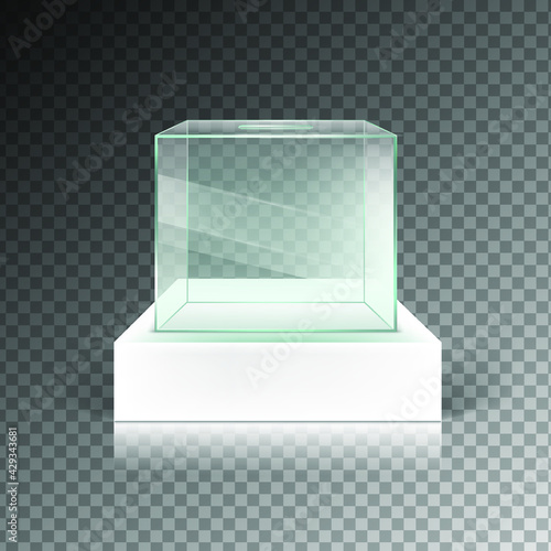 Transparent display glass box isolated on checkered background. Empty container for exhibition in gallery. Eps 10 vector illustration.