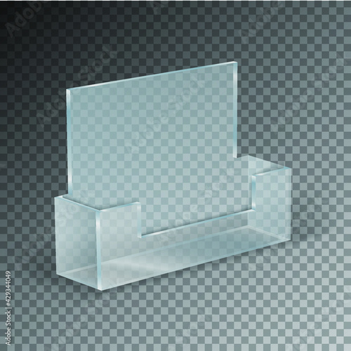 Acrylic table card holder isolated on transparent background. Vector empty glass stand display. Clear plastic, plexi or plexiglass price tag or restaurant menu mockup. Eps 10 vector illustration.