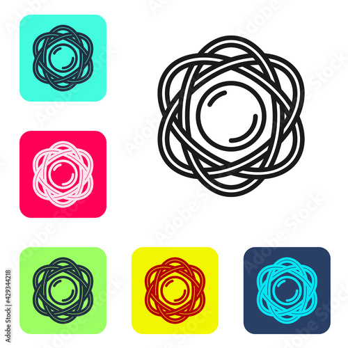 Black line Atom icon isolated on white background. Symbol of science, education, nuclear physics, scientific research. Set icons in color square buttons. Vector