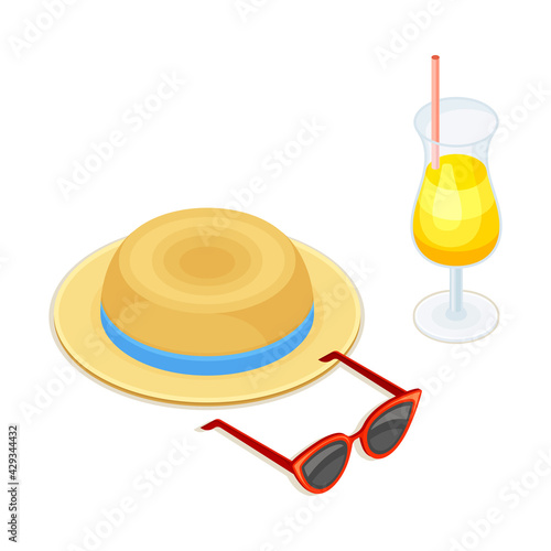 Straw Hat, Sunglasses and Refreshing Cocktail in Glass as Beach Vacation Isometric Vector Composition