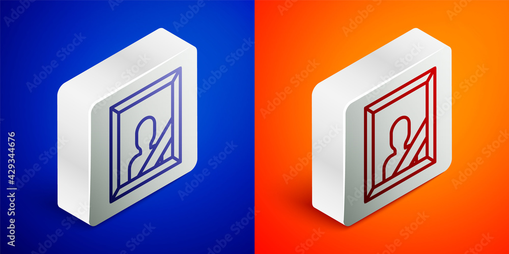 Isometric line Mourning photo frame with black ribbon icon isolated on blue and orange background. Funeral ceremony and condolence card layout. Silver square button. Vector Isometric line Mourning photo frame with black ribbon icon isolated on blue and orange background. Funeral ceremony and condolence card layout. Silver square button. Vector