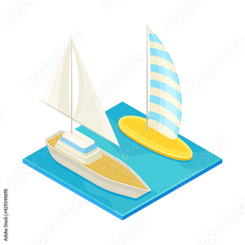 Square Water Area with Yacht as Beach Vacation Isometric Vector Illustration