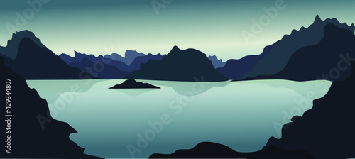 landscape with sea and beautiful mountains. the picture shows a sunset and dark mountains