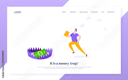 Money trap business concept. Young adult businessman running to catch the coin money in the steel bear trap flat style design vector illustration. Metaphor of greedy financial risk and bad solutions.