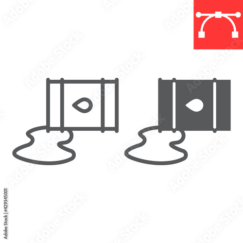 Oil spill line and glyph icon, spilled oil and fuel, oil barrel leak vector icon, vector graphics, editable stroke outline sign, eps 10