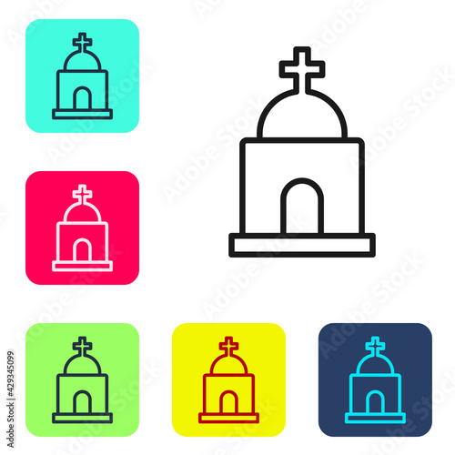 Black line Old crypt icon isolated on white background. Cemetery symbol. Ossuary or crypt for burial of deceased. Set icons in color square buttons. Vector