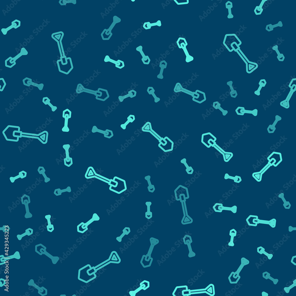Green line Shovel icon isolated seamless pattern on blue background. Gardening tool. Tool for horticulture, agriculture, farming. Vector Green line Shovel icon isolated seamless pattern on blue background. Gardening tool. Tool for horticulture, agriculture, farming. Vector