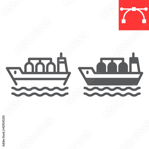 Oil tanker ship line and glyph icon, fuel shipping and logistics, cargo ship vector icon, vector graphics, editable stroke outline sign, eps 10