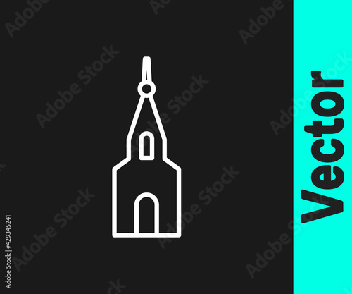 White line Church building icon isolated on black background. Christian Church. Religion of church. Vector