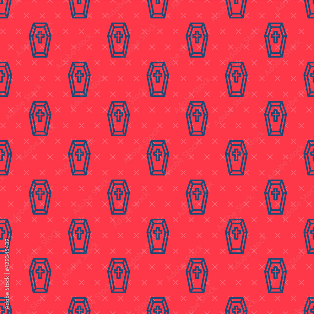 Blue line Coffin with christian cross icon isolated seamless pattern on red background. Happy Halloween party. Vector