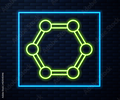 Glowing neon line Molecule icon isolated on brick wall background. Structure of molecules in chemistry, science teachers innovative educational poster. Vector