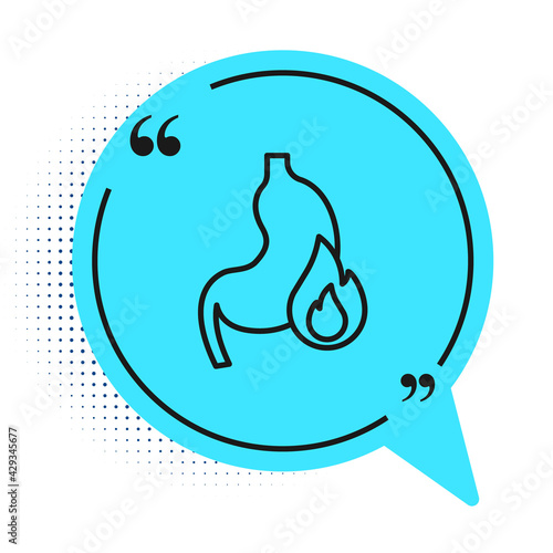 Black line Stomach heartburn icon isolated on white background. Stomach burn. Gastritis and acid reflux, indigestion and stomach pain problems. Blue speech bubble symbol. Vector