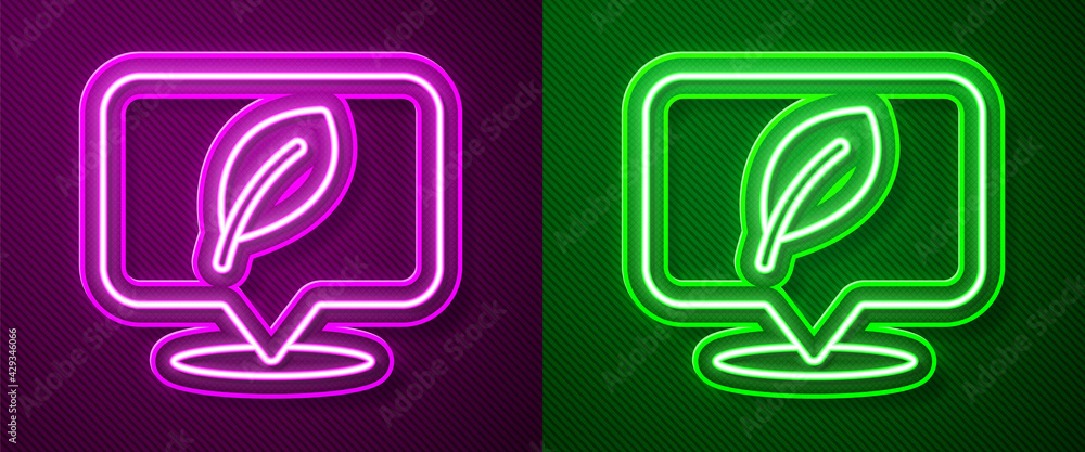 Glowing neon line Location with leaf icon isolated on purple and green background. Eco energy concept. Alternative energy concept. Vector Glowing neon line Location with leaf icon isolated on purple and green background. Eco energy concept. Alternative energy concept. Vector